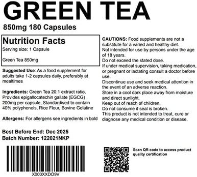 Green Tea Extract 180 Capsules 850mg High Strength Capsules Powerful Antioxidant UK Made. Pharmaceutical Grade