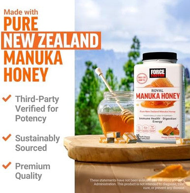 Force Factor Royal Manuka Honey Pure Zealand Manuka Support Immune Health Digestion & Energy Mgo 130 Umf 5+ Sustainably Sourced Honeylemon 60 Soft Chews