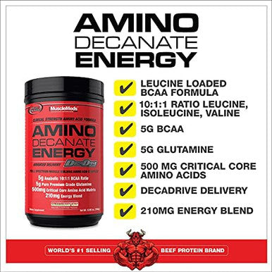 Musclemeds Amino Decanate Energy Pre Intra Workout Drink Essential Amino Acids Bcaas High Leucine Glutamine Muscle Recovery Strawberry Kiwi 30 Servings