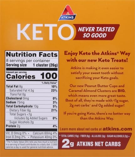 Atkins Caramel Almond Clusters Gluten High In Fiber 1G Sugar 2G Net Carb Keto Friendly 8 Count