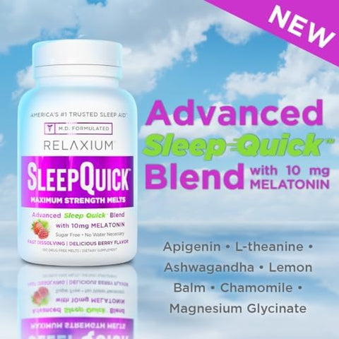 Relaxium Sleep Quick Maximum Strength Melts Fast Acting Sleep Aid With 10 Mg Melatonin Drug Dietary Supplement Vegan Gluten Made In Usa 100 Servings Berry Flavor