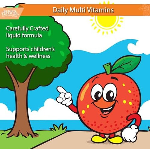 Buried Treasure Children's Daily Liquid Multivitamin 16 oz 16 servings Orange Mango Flavor Supports Kids with Essential Nutrients and Minerals
