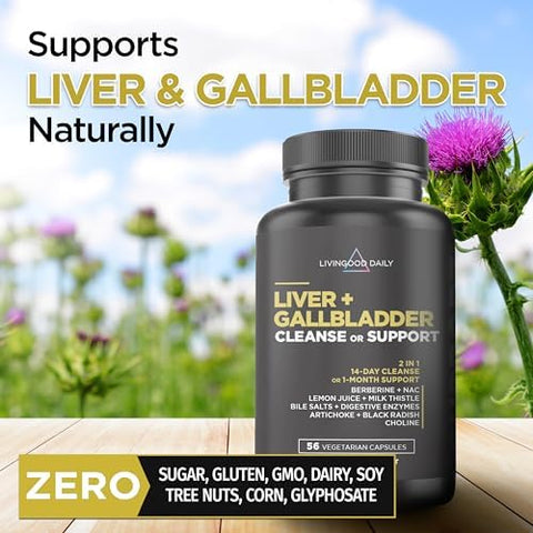 Livingood Daily Liver + Gallbladder Cleanse Or Support 2-In-1 Detox & Daily Support With Milk Thistle Nac Berberine Dandelion Root Artichoke & Digestive Enzymes Gluten Vegan 56 Capsules