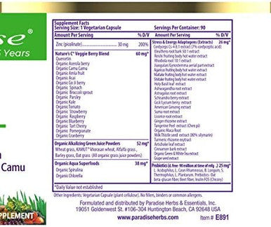 Paradise Herbs Zinc Supplements With Picolinate And Natures C, For Immune Support, Super Potent, Ultra Pure, Gluten Free, Non-Gmo, Vegan, 30 Mg, 90 Capsules