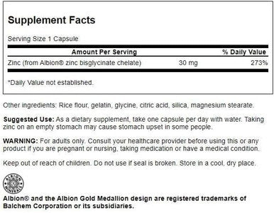 Swanson Albion Chelated Zinc Glycinate 30 Milligrams 90 Capsules
