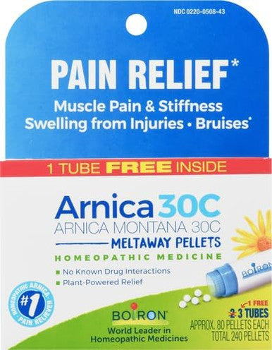 Boiron Arnica Montana 30C Homeopathic Medicine For Relief From Muscle Pain Muscle Stiffness Swelling From Injury And Discoloration From Bruises 3 Count (240 Pellets)
