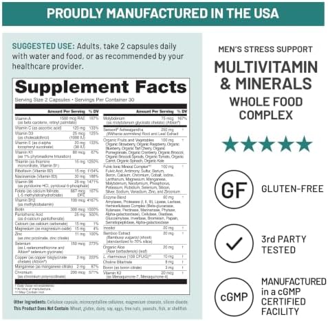 NatureWise Multivitamin for Men + Stress Support + Fulvic Ionic Minerals + Probiotics for Immunity Male Health Digestion + Whole Organic Foods Vegetarian NonGMO 60 Capsules[1Month Supply]