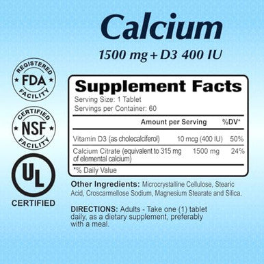 Calcium 1500 Mg + Vitamin D3 400 Iu 60 Tablets