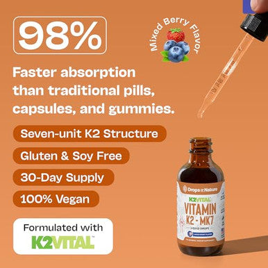 Drops Of Nature Vitamin K2 Mk7 Liquid Supplement Pure K2Mk7 Menaquinone-7 (100 Mcg) Vegan Non-Gmo & Fast-Absorbing Daily K2 Vitamin Supplement For Bone Strength & Cardiovascular Support (Mixed Berry 60Ml)