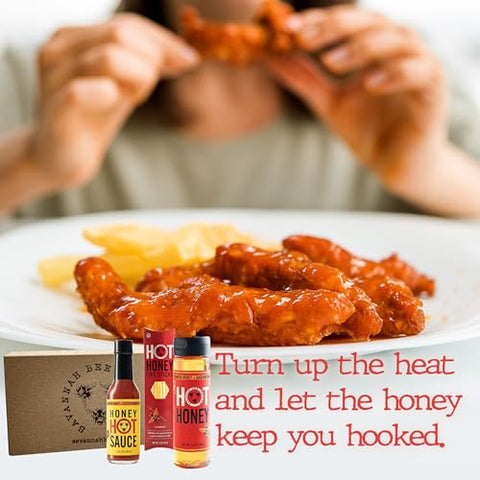 Savannah Bee Company Hot Honey Box Gift Set - Award-Winning Honey Collection - Includes Hot Honey, Sauce, and Fire Sticks - Perfect Gourmet Gift for Spice Lovers