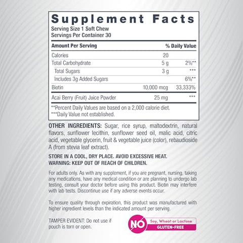 Neocell Biotin Beauty Soft Chews 30 Chewables 10000Mcg Hair Skin & Nails Acai Berry Flavor