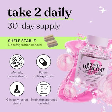 Lemme Debloat 3 In 1 Prebiotic Probiotic & Digestive Enzyme Capsules For Bloating 60 Count