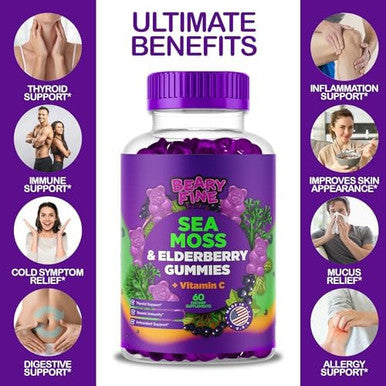 Sea Moss Gummies & Elderberry - Vitamin C + Zinc ÃƒÂ¢Ã¢â€šÂ¬Ã¢â‚¬Å“ Extra Strength Immune & Thyroid Support Booster Gummy Bears For Kids & Adults - 60 Seamoss Gummies - Made In The Usa