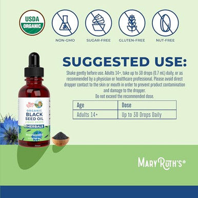 Maryruth'S Organics Black Seed Oil Liquid Drops Cold Pressed 3 Month Supply Usda Organic Black Cumin Seed Oil Immune Support Respiratory Health Sugar&Gluten Free Vegan Non-Gmo 2 Fl Oz