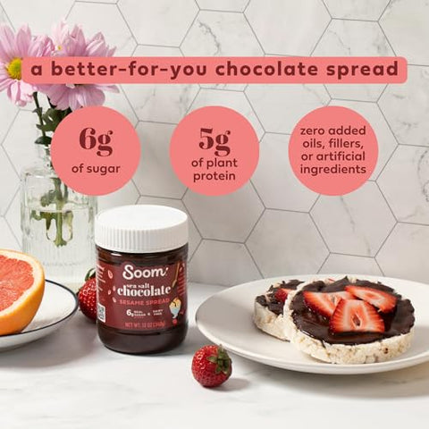 Soom Foods Chocolate Sea Salt Sesame Spread 12oz (2 Pack) Made with 4 Ingredients Low Sugar DairyFree NutFree GlutenFree Palm OilFree 5g Protein Better for You Chocolate Tahini Spread