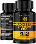 Elements Magnesium L-Threonate 1500Mg With Vitamin D3 10,000 Iu & K2 Mk-7 - Brain, Focus & Bone Support - 60 Vegan Capsules - High Absorption, Non-Gmo