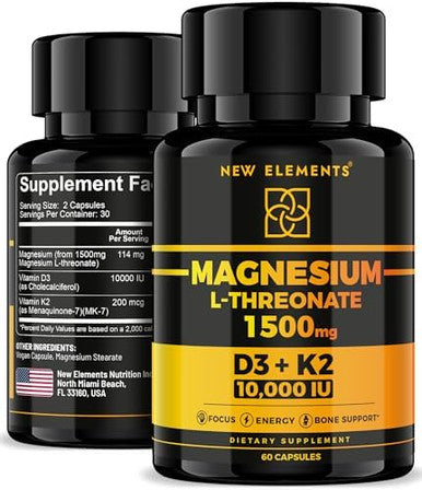 Elements Magnesium L-Threonate 1500Mg With Vitamin D3 10,000 Iu & K2 Mk-7 - Brain, Focus & Bone Support - 60 Vegan Capsules - High Absorption, Non-Gmo