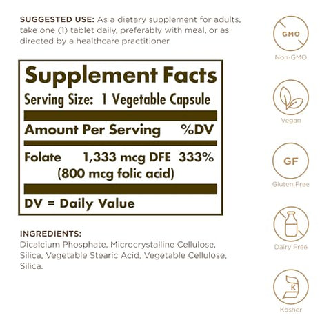 Solgar Folate 1333 Mcg Dfe (Folic Acid 800 Mcg) - 250 Tablets Pack Of 2 - Prenatal Support - Non-Gmo Vegan Gluten Free Dairy Free Kosher Halal 500 Total Servings