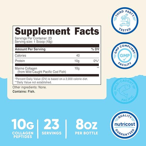 Nutricost Marine Collagen Powder Wild Caught Fish (8 Oz) - 23 Servings 10 G Protein Per Serving Alaskan Wild-Caught