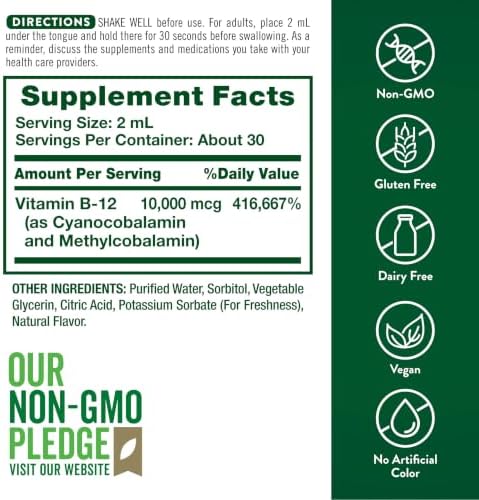 Nature's Truth B12 Sublingual Liquid Drops 10000 mcg 2 oz Fast Acting Vegan NonGMO and Gluten Free