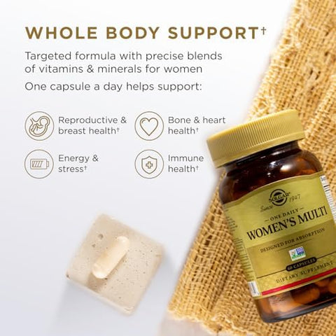 Solgar One Daily WomenS Multi Whole Body Support Highly Absorbable Delayed Release Vitamin For Women Supplement For Immune Heart Energy Stress Hair Skin Nails and Reproductive Health 60 Servings