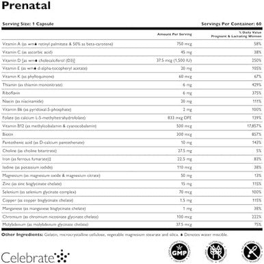 Celebrate Vitamins Bariatric Prenatal Multivitamin Capsules With Folate (Folic Acid), Vitamin A, Iron, Iodine, And Choline, For Roux En Y And Sleeve Gastrectomy Patients, 60 Count