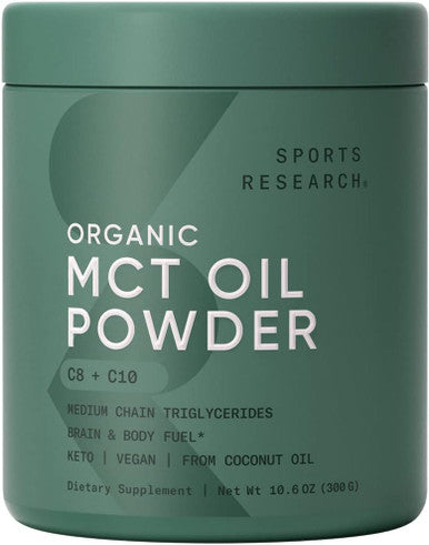 Sports Research Organic Mct Oil Powder - Keto & Vegan Mcts C8, C10 From Coconuts - Fatty Acid Brain & Body Fuel, Non-Gmo & Gluten - Unflavored, Perfect In Coffee, Tea & Protein Shakes - 10.6 Oz