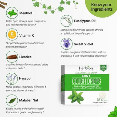 Herbion Naturals Cough Drops With Mint Flavor Sugar With Stevia Soothes Cough For Adults And Children 6 Years+ 18 Drops6 Packs(108 Lozenges)