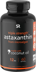 Triple Strength Astaxanthin 12mg with Organic Coconut Oil NonGMO Soy Gluten 60 Mini Softgels 2 Month Supply