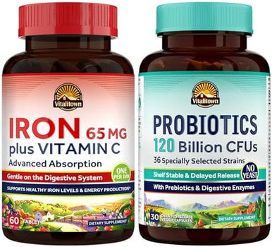 Vitalitown Probiotic + Iron Supplement Bundle Probiotics 120 Billion (Item 1) & 65Mg Iron Suplement (Item 2) Gut, Bone, Muscle, Blood Building, Energy Vegan 30 Capsules & 60 Tablets