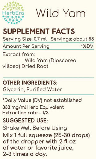 Wild Yam B60 Alcohol-Free Herbal Extract Tincture, Concentrated Liquid Drops Natural Wild Yam (Dioscorea Villosa) Dried Root 2 fl oz