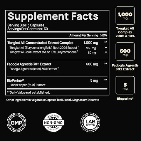 Terra Elmnt 200X Strength Tongkat Ali For Men W. Fadogia Agrestis Extract - 10 Eurycomanone Longjack Highest Potency Fadogia Agrestis Tongkat Ali Supplement - Muscle Growth & Test Booster Pills For Men