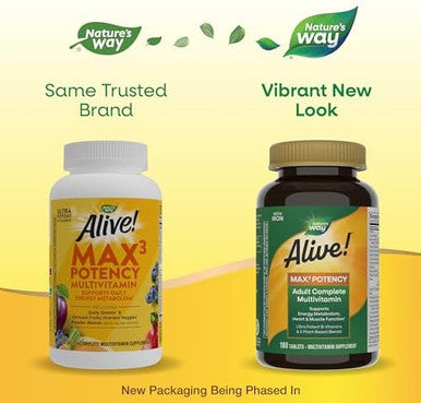 Nature'S Way Alive Max3 Potency Adult Complete Multivitamin, Ultra Potency B-Vitamins To Support Energy Metabolism, With Methylated B12 And Folate, 180 Tablets (Packaging May Vary)