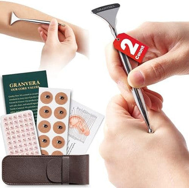 Granvera Premium Acupuncture Pen Ear Seeds Acupressure Kit Ear Seed Stickers With Stainless Steel Gua Sha Fascia Stick Massage Tool Auricular Therapy Set Trigger Point & Relaxation Wellness Kit 6 Packs