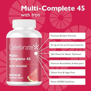 Celebrate Vitamins Multi-Complete Chewables, 45Mg Iron ÃƒÂ¢Ã¢â€šÂ¬Ã¢â‚¬Å“ Daily Bariatric Multivitamin For Sleeve Gastrectomy And Gastric Bypass Surgery Patients ÃƒÂ¢Ã¢â€šÂ¬Ã¢â‚¬Å“ Essential Vitamins & Minerals - Melon (180 Tablets)