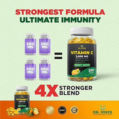 Dr. Joel'S Immune Support Vitamin C 2000 Mg - 200 Tablets - With Zinc, Elderberry, Rose Hip, Echinacea - Boosts Immune System- Made In Usa