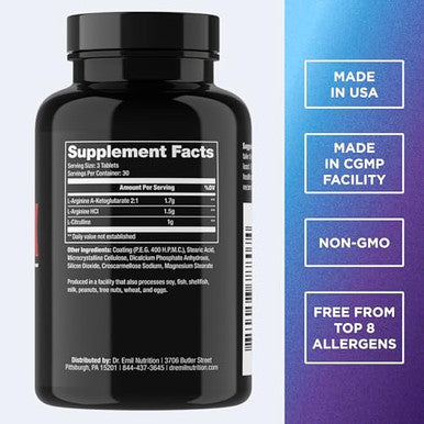 Dr. Emil Nutrition Arginine 3K Elite - High-Dose Nitric Oxide Booster - Supports Blood Flow Muscle Growth & Endurance - Workout Pump & Circulation Support 90 Tablets