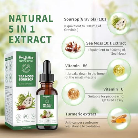 Puffiair Soursop(Graviola) & Sea Moss Liquid Drop For Cell Support & Regeneration Immune Boost Relax Liver And Sleep Herbal Extract Sugar/Gluten Free Natural Flavor 2 Fl Oz/60Ml