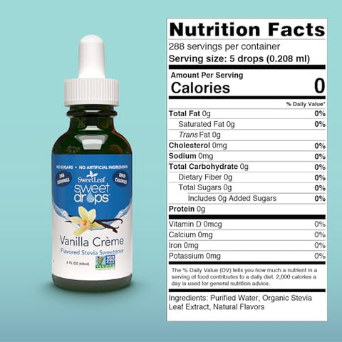 SweetLeaf Sweet Drops Flavored Stevia Liquid Sweetener Organic Stevia Extract Zero Calorie Keto Friendly Non GMO Natural Flavor Sugar Alternative Vanilla Creme 2 Fl Oz (Pack of 2)