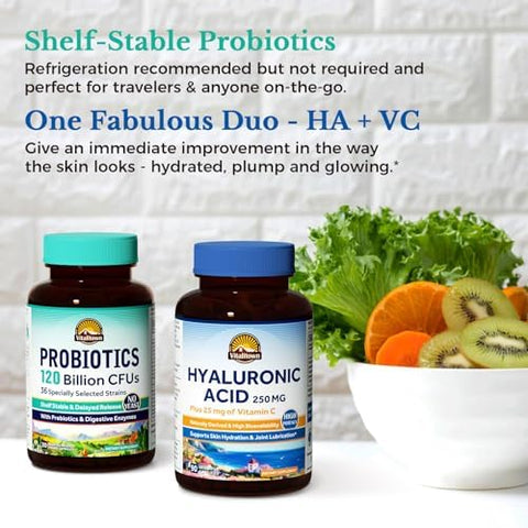 Vitalitown Gut-Skin Bundle (Pack Of 2) Probiotics 120 Billion Cfus (Item 1) & Hyaluronic Acid (Item 2) 30 + 90 Capsules