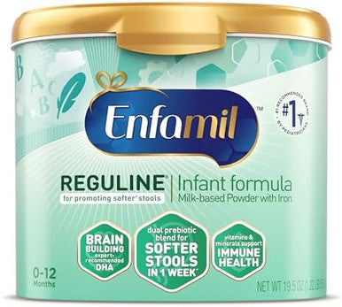 Enfamil Reguline Baby Formula Milkbased Infant Nutrition Dual Prebiotics For Soft Comfortable Stools Within 1 Week Of Use Omega3 Dha For Immune Support Reusable Powder Tub 19.5 OzÃ¢â‚¬â€¹