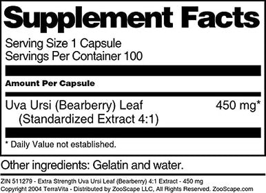 Terravita Extra Strength Uva Ursi Leaf (Bearberry) 4:1 Extract - 450 Mg (100 Capsules, Zin: 511279)