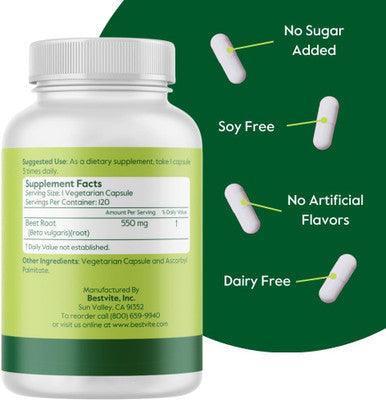 Bestvite Beet Root 550mg per Capsule (240 Vegetarian Capsules) (120 x 2) - No Stearates - No Maltodextrin - No Fillers - Vegan - Non-GMO - Gluten