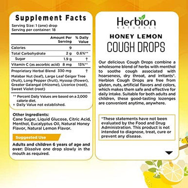 Herbion Naturals Cough Drops Honey Lemon Flavor Soothing Dietary Supplement For Adults & Children (6+) 18 Drops No Artificial Flavors Or Colors 48 Pack