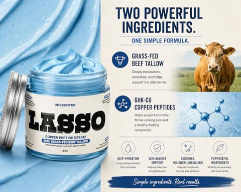 LASSO Copper Peptide Cream with Grass-Fed Beef Tallow (GHK-Cu) ÃƒÂ¢Ã¢â€šÂ¬Ã¢â‚¬Å“ Unscented Face Moisturizer for Women & Men, Hydrating Skin Cream with Manuka Honey, Jojoba Oil & Vitamin E, 2 oz