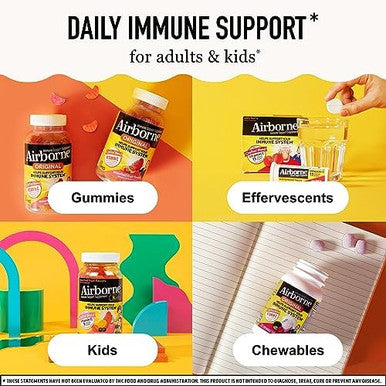 Airborne 1000Mg Chewable Tablets With Zinc, Immune Support Supplement With Powerful Antioxidants Vitamins A C & E - 96 Tablets, Citrus Flavor
