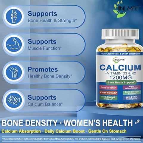 Calcium Supplements for Women Calcium 1200 mg with Vitamin D3 and K2 High Absorption Extra Strength Calcium Citrate for Bone Health Strength Density Muscle Heart Support Slow Release NonGMO