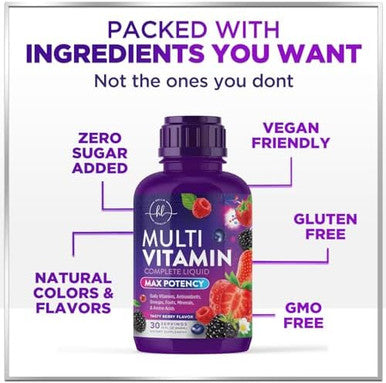 Multivitamin For Women Men & Kids Liquid Multivitamin & Multimineral, Vegan, Sugar Free, Vitamins A, C, D3, E, B6, B12 & Zinc, Womens Multivitamin & Adult Immune Support, Berry Flavor - 15 Fl Oz