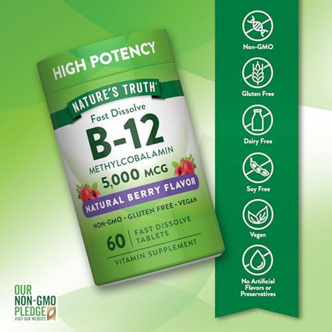 Nature's Truth B12 Vitamin 5000 mcg 60 Tablets Fast Dissolve Natural Berry Flavor Vegan NonGMO and Gluten Free Supplement Fast Dissolve Natural Berry Flavor Vegan NonGMO and Gluten Free Supplement
