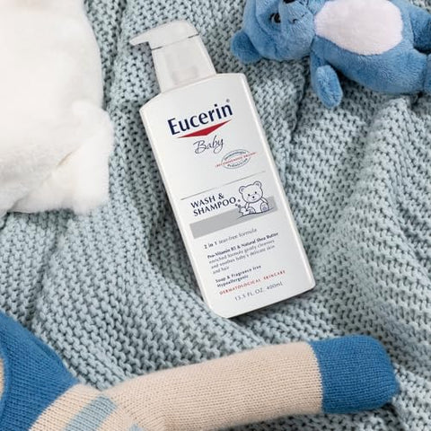 Eucerin Baby Unscented Baby Shampoo And Body Wash Hypoallergenic Tear Free Shampoo And Wash With Pro-Vitamin B5 And Shea Butter 13.5 Fl Oz Bottle 3 Pack